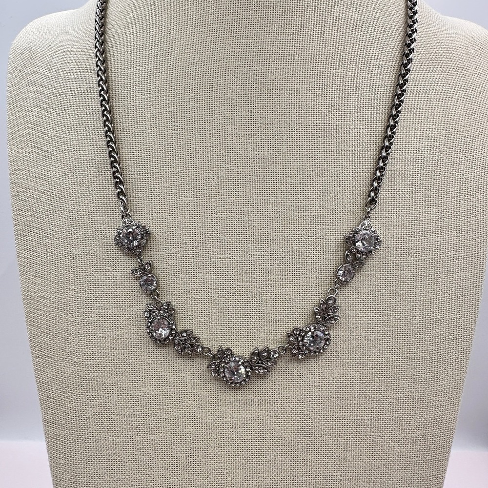 Vintage 90s Silver Tone Cubic Zirconia Floral Statement Necklace